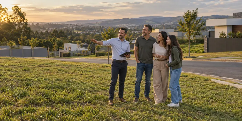 Corretor apresentando um imóvel a uma família ao entardecer, na Região Metropolitana de Curitiba